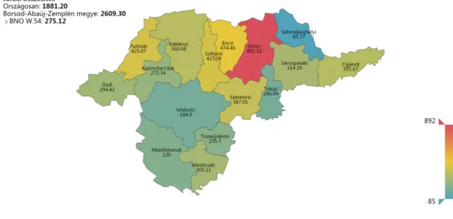 10. ábra: A kutyaharapások aránya Borsod-Abaúj-Zemplén megye egyes járásaiban a háziorvosi/házi  gyermekorvosi adatok alapján, 2018