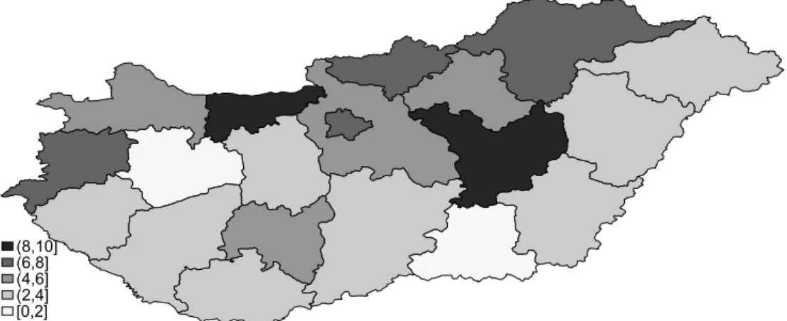 Figure 1 shows the regional variation in IMD incidence in Hungary. The annual number of IMD cases per 1 million inhabitants per county varies between 1.3 − 8.1