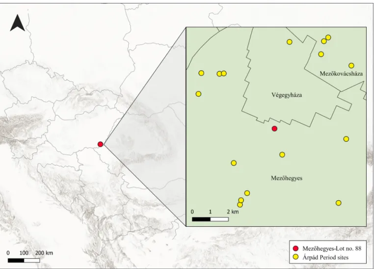 Fig. 1. The site of Mezőhegyes and other Árpád Period sites within a 5 km range (the map is based on: Esri, Airbus DS,  USGS, NGA, NASA, CGIAR, N Robinson, NCEAS, NLS, OS, NMA, Geodatastyrelsen, Rijkswaterstaat, GSA, Geoland, FEMA, 