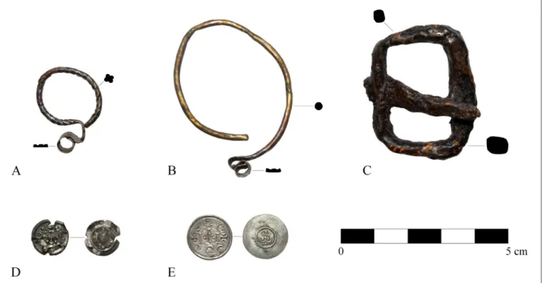 Fig. 5. Various findings from the cemetery, A–B: hoop jewellery; C: iron buckle; D–E: anonymous denarii from the 12th century
