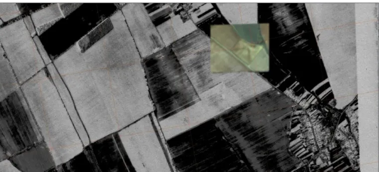 Fig. 5. This 1986 photo from the aerial photo archive of the Institute of Military History shows a complete centuria in the area  between the villages of Kőszegpaty and Vasasszonyfa: phenomena (dark stripes) that follow the lines of the centuriatio model 