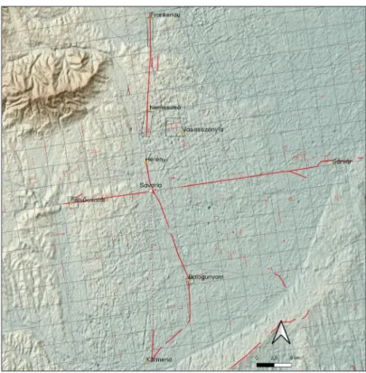 Fig. 8. Known and hypothetical remains of Roman roads in the  territory of Savaria (thick red line), and traces of the centuriatio 