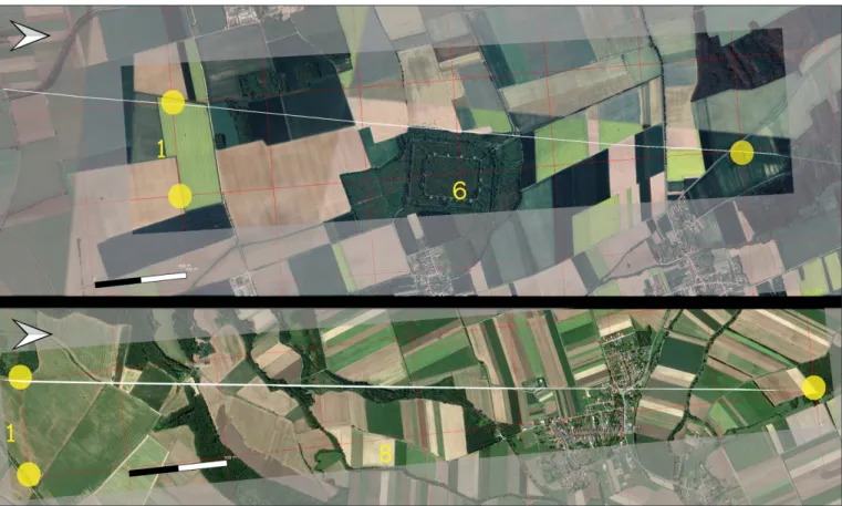 10. kép. A Borostyánkő-út légi- és műholdfelvételekről (Google Earth) azonosítható szakaszai Nemescsó (fent) és Frankenau  (alul) térségében