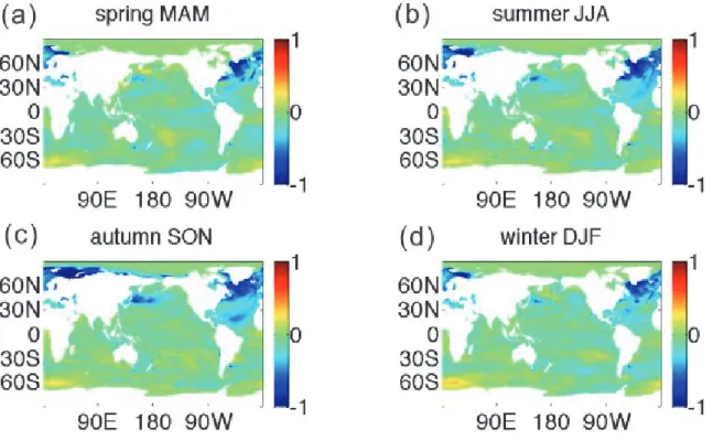 Fig. 7. Differences in the seasonal mean global SSTs between the high top and low top  configurations during (a) spring (MAM), (b) summer (JJA), (c) autumn (SON), and (d) winter  (DJF)