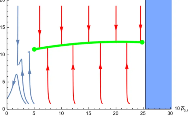 FIG. 4. Flow diagram for the modified XY model with the initial condition w Λ = 0.4. The red curves end on the line of fixed points, while the blue ones deviate from it