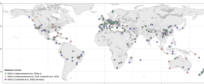 Figure 2. Cave sites included in the version 1, 1b and 2 of the SISAL database on the World Karst Aquifer Map (WOKAM; Goldscheider et al., 2020).