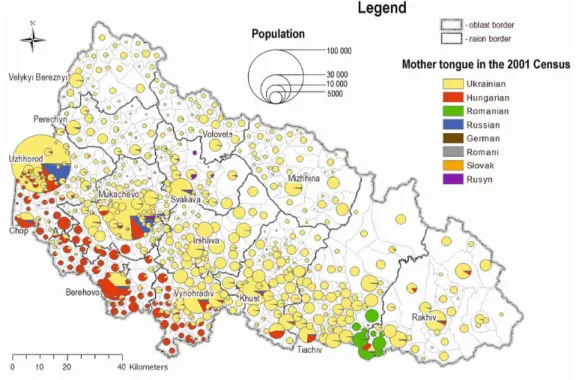 Figure 5. Native-language composition of the population in Transcarpathia by settlement in 2001 