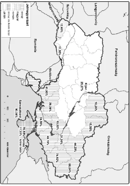 5. ábra. Regionális vagy kisebbségi nyelvek Ukrajnában a megyék  szintjén a 2001-es cenzus hivatalos adatai alapján 