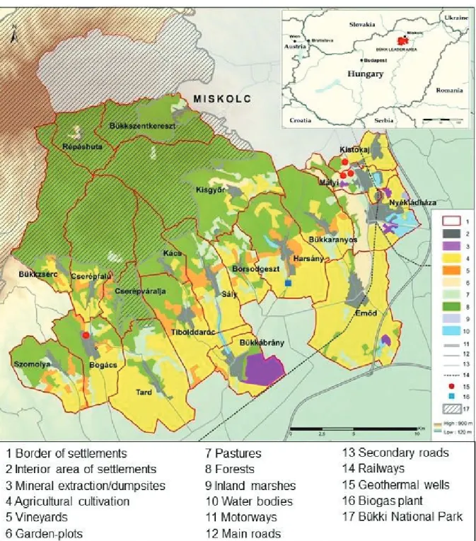 Figure 2: Land use in Bükkalja. Data sources: [38,41]