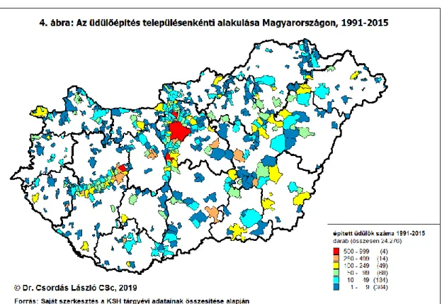 4. ábra: Az üdülőépítés településenkénti alakulása Magyarországon, 1991-2015  Forrás: Saját szerkesztés a KSH tárgyévi adatainak összesítése alapján 