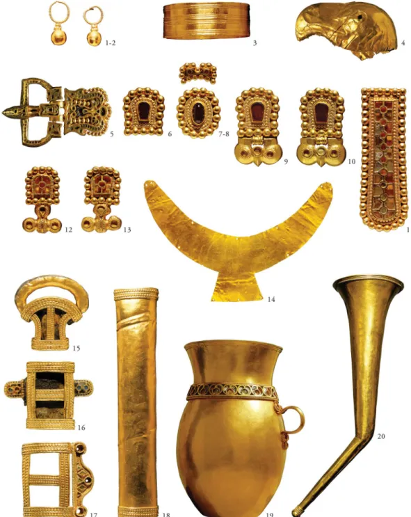 Figure 2.  A selection of grave goods from the burial at Kunbábony. The burial of an adult man at Kunbábony  (AC2) contained 2.34 kilograms of gold in form of weaponry covered with precious metal foils, ornamented belt  sets with so-called pseudo buckles a