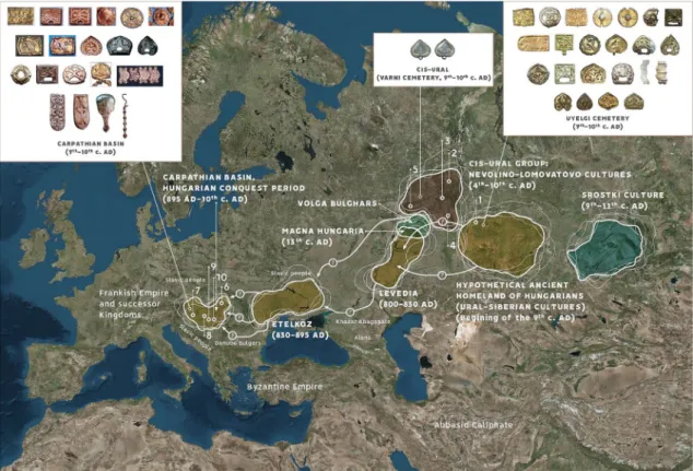 Figure 1.  Location of investigated early medieval archaeological sites from South-Ural region and Carpathian  Basin, with the possible migration routes, hypothetical Homeland of ancient Hungarians and the similar types  of the archaeological finds