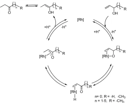 Figure 6. The suggested η 3 -oxo-allyl mechanism of the redox isomerization of allylic alcohols in  aqueous media catalyzed by the Rh(I)-complexes 1, 1/mtppms-Na, and 5 studied in this work