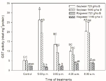 Figure 7. Changes in the glutathione S-transferase (GST) activity in leaves of soybean (white columns)  and  common  ragweed  plants  (grey  columns)  treated  foliar  with  720  or  1440  g  ha −1   bentazon  at  different times (at the end of light cycle