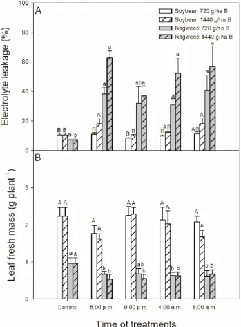 Figure 9. Changes in the electrolyte leakage (EL;  A) and leaf fresh mass (B) of soybean (white columns)  and  common  ragweed  plants  (grey  columns)  treated  foliar  with  720  or  1440  g  ha −1   bentazon at  different times (at the end of light cycl