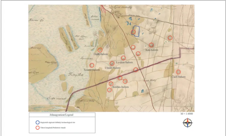 Fig. 10. The kurgans in the area between Tiszavasvári and Hajdúnánás and the Baden settlement in the Kas-halom-dűlő area  on the map of the First Military Ordnance Survey (map: T