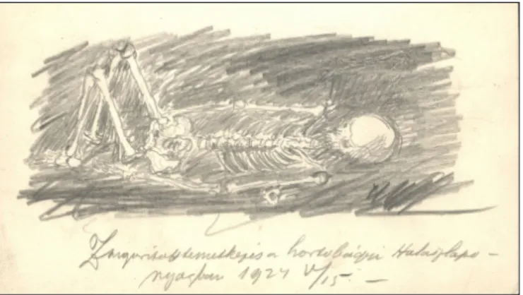 2. kép. Hortobágy-Halászlaponyag központi temetkezése, a bal  könyök mellett egy nyakcsigolyával (ceruzarajz: Zoltai L., 1924)1