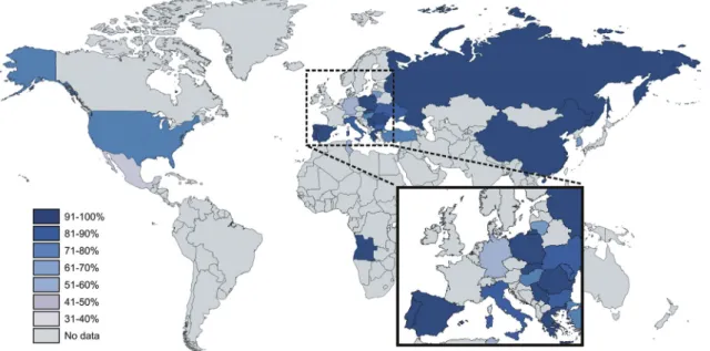 Fig. 1. Map of worldwide acid suppressing drug usage. Map shows the use of acid suppressing drugs in patients with acute pancreatitis during hospitalization.