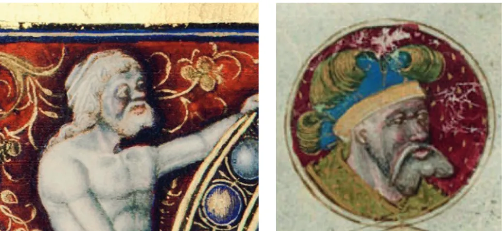 5. kép  Egymással párhuzamba állítható portrék 3. Ábrázolás Nagylucsei Orbán Psalteriumának  első oldaláról (bal oldali triton feje) és a madridi tekercs ehhez nagyon hasonlító egyik  medaillonja