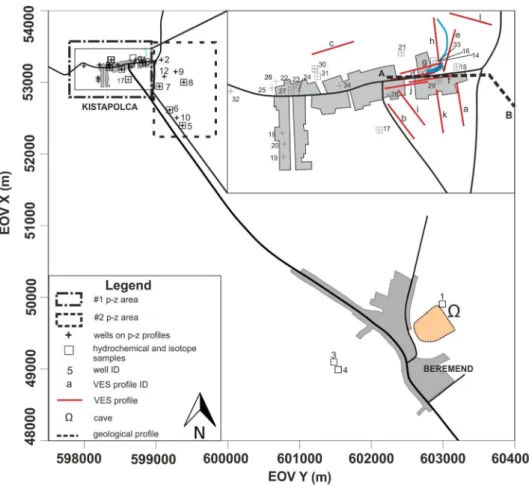 Fig. 3    Detailed map of the  study area showing the  bound-ing areas pressure–elevation  profiles, the location of the  wells involved in  pressure–ele-vation profiles, the location of  the hydrogeochemical and  iso-tope sampling sites, the location  of 