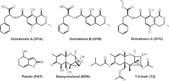 Figure 1. Chemical structures of ochratoxin A (OTA), ochratoxin B (OTB), ochratoxin C (OTC), patulin  (PAT), deoxynivalenol (DON), and T-2 toxin (T2)