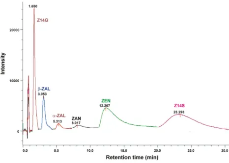 Fig. 4 HPAC chromatograms of ZEN, ZAN, α -ZAL, β -ZAL, Z14S, and Z14G eluted from the HSA-coated column (see details in “ High-performance affinity chromatography ” section; ZAN zearalanone, α -ZAL α  -zearalanol, β -ZAL β -zearalanol, Z14S zearalenone-14-