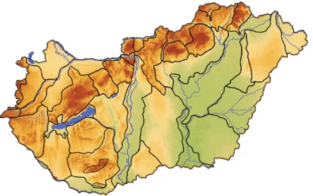 Fig  1.  The  33  meso-regions  of  Hungary  (made  up  of  230  micro-regions)  differentiated  into  plains, hilly and mountainous landscape