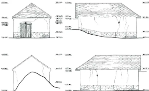 3. ábra. Az ipolytölgyesi pincesor utcaképének és egyik épületének 2002-ben készített felmérésrajzai  (Forrás: Építészettörténeti és Műemléki Tanszék)