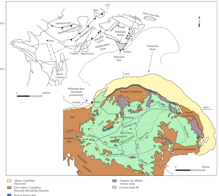 Figure 1: Regional geology. Simpli ﬁ ed map of Variscan basement areas in W and Central Europe [1, 8] and geologic framework of the Carpathian – Pannonian area [1, 4]