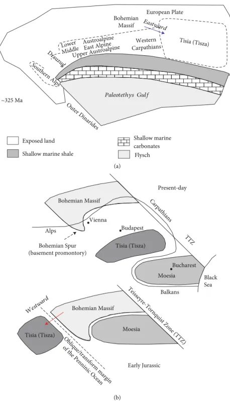 Figure 2: Speculative paleogeographic position of the Tisia. (a) Paleogeographic reconstruction for the Early Carboniferous [5]