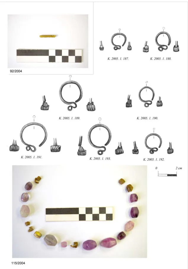 1. ábra:  A 92/2004. sír gyöngye, illetve a 115/2004. sír ezüst ékszerei és gyöngysora 