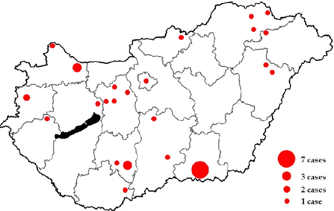 Figure 2. Spatial distribution of human S. suis clinical cases in Hungary (2002–2019)