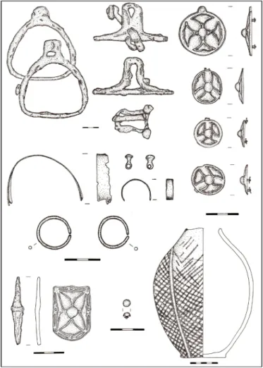 Fig. 6. Finds from the Hungarian Conquest Period grave at  Tázlár–Templomhegy (Restoration and drawing: Gábor Barta)