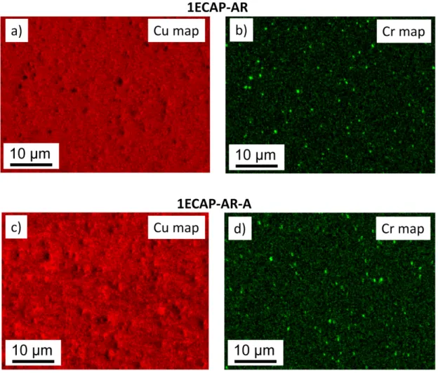 Figure 3. SEM-EDS elemental maps for Cu (a,c) and Cr (b,d) in the cases of the samples 1ECAP–AR  (a,b) and 1ECAP–AR–A (c,d)