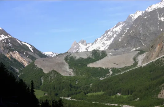 Fig. 4. Debris-covered glacier descending below the treeline (Miage glacier, year 2006; 