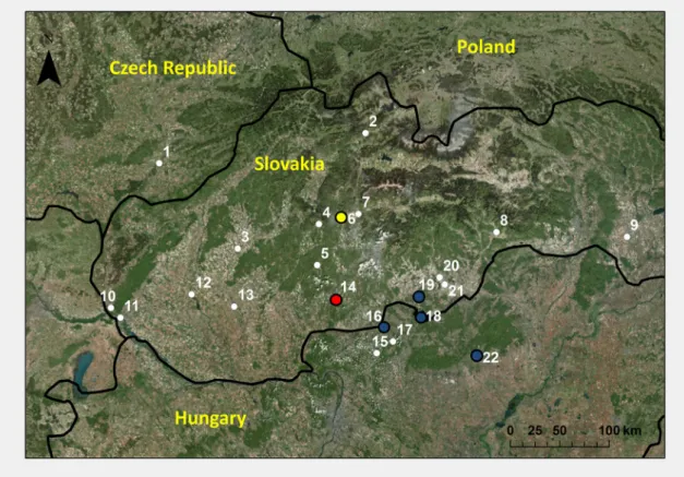 Fig. 2 Map showing the occurrences of the ‘ Besztercebánya/Banská Bystrica – type ’ stove tiles in the northern part of the Carpathian Basin and its surroundings (data collected by Emese Balogh-László).