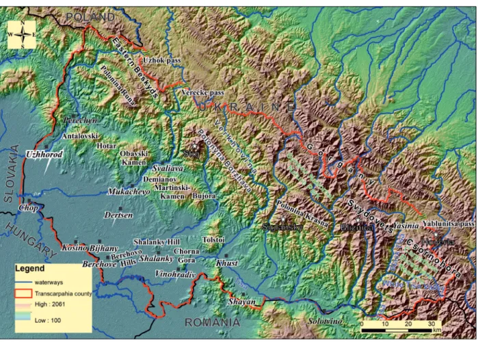 Figure 1. Topographical sketch of Transcarpathia Digital Elevation model: SRTM 1 arc sec (https://lta.cr.usgs.gov/SRTM1Arc)