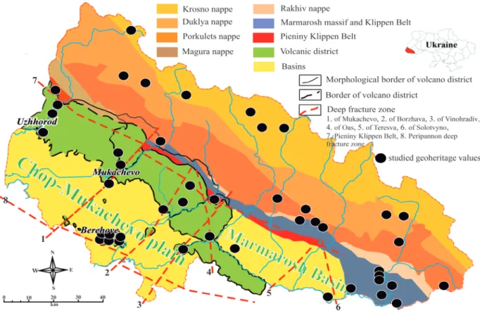 Figure 2. Geological–tectonical sketch of Transcarpathia (based on Gönczy 2016). Black dots indicate studied geoheritage values  from the inventory of the Ukrainian State Geological Survey (Kalinin et al
