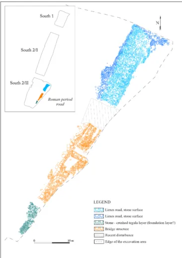Fig. 2. Survey drawing of the excavated Limes road section  (by Gergő Juhász, Edina Poptiuc, Lowpoly 360 Ltd.)  and the comprehensive plan of the 2019–2020 excavation 