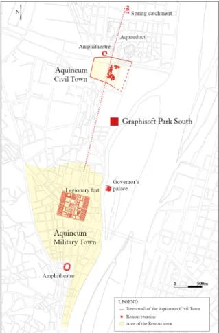 Fig. 6. The excavation site on the map with the  topography of Roman Aquincum