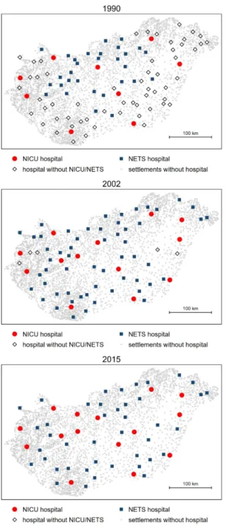 Figure A5 Snapshots of the geographic distribution of NICUs and hospitals connected to NICUs  via NETS 