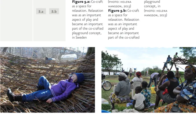 Figure 5.a: Co-craft  as a space for  relaxation. Relaxation  was as an important  aspect of play and  became an important  part of the co-crafted  playground concept,  in Sweden (photo: helena hansson, 2013) Figure 5.b: Co-craft as a space for  relaxation
