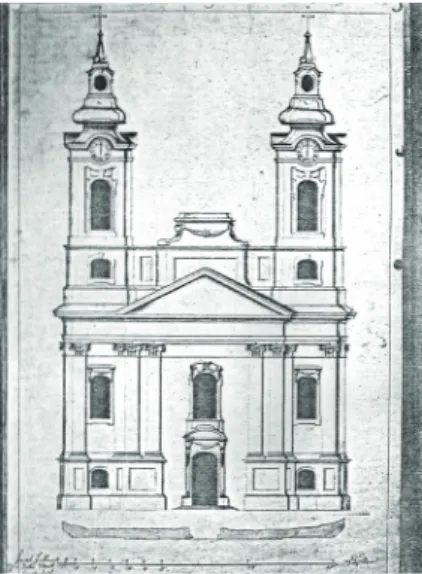 6. kép: A pápai templom főhom- főhom-lokzatának harmadik  tervválto-zata az alaprajzzal