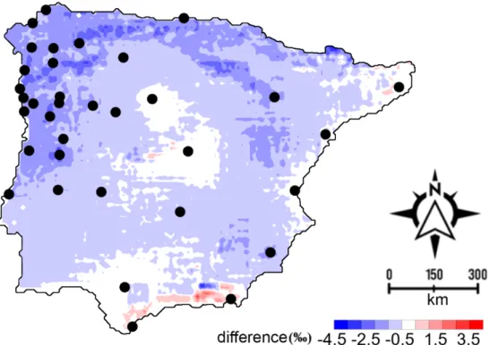 Figure 7. Difference map of the Iberian subset of the regionalized cluster-based water isotope  prediction (RCWIP) model and the one presented in the study