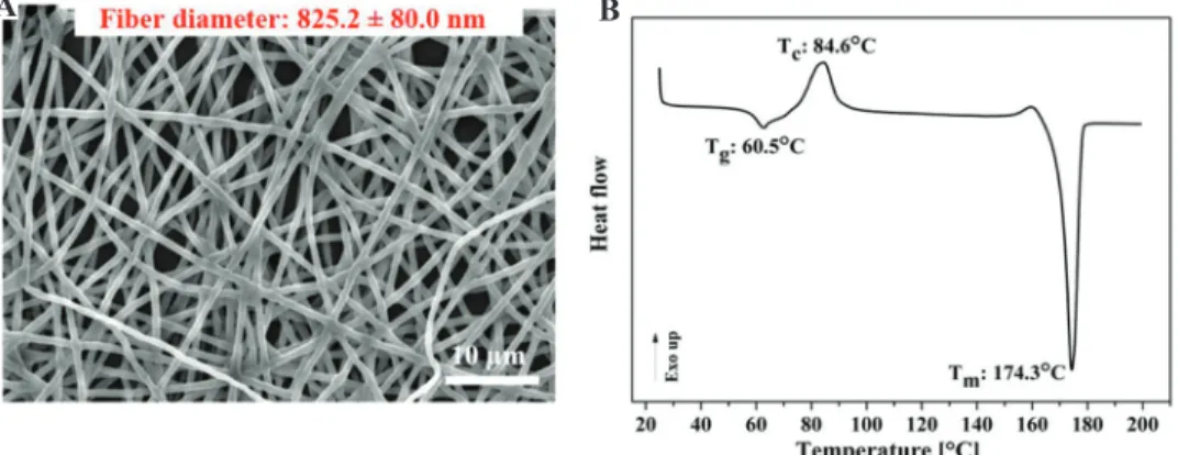 Figure 2A presents the morphology of electrospun  PLA nanofibers. The average fiber diameter was  825.2 ± 80.0 nm