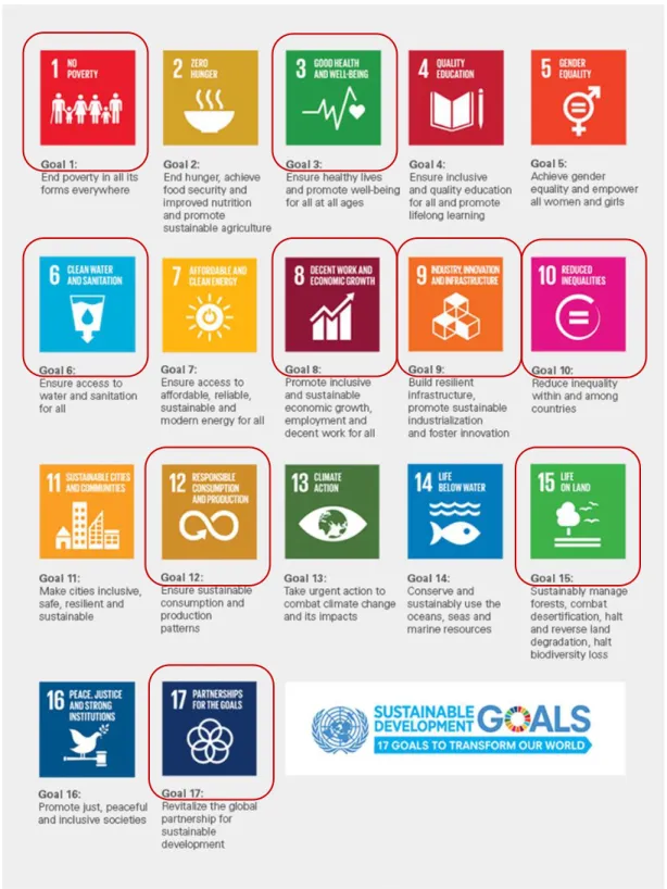 Fig. 1. The 17 sustainable development goals (SDGs). Goals related to the e-product lifecycle  in a narrower or broader sense are highlighted
