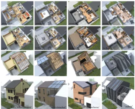 Fig. 2. 3D blueprint plan models: ‘basic refurbishment’, ‘semi-detached’, ‘reborn home’, ‘zebra’ 