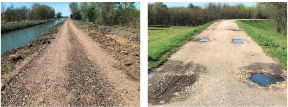 Figure 11. Gravel road in good condition and with damaged surface (periphery of Tiszasüly and Szolnok).