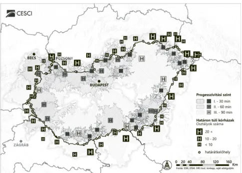 4. ábra: Határ menti sürgősségi ellátást kínáló kórházak és szolgáltatási spektrumuk Emergency care hospitals and their service scope along the borders