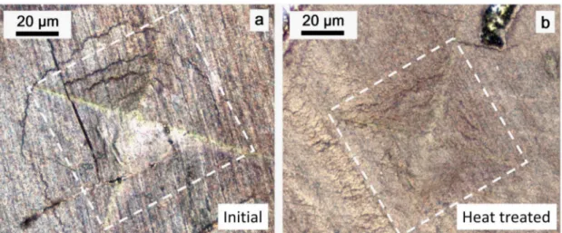 Figure 6. Surface patterns under the indenter after hardness measurement of the initial (a) and the heat treated (b) foams